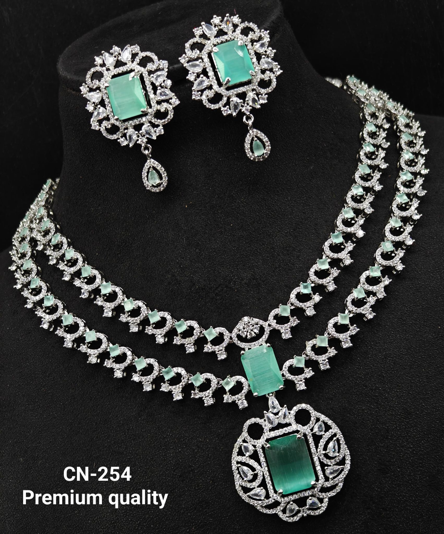 American Diamond Bridal Necklace Set with Green Stones and Earrings