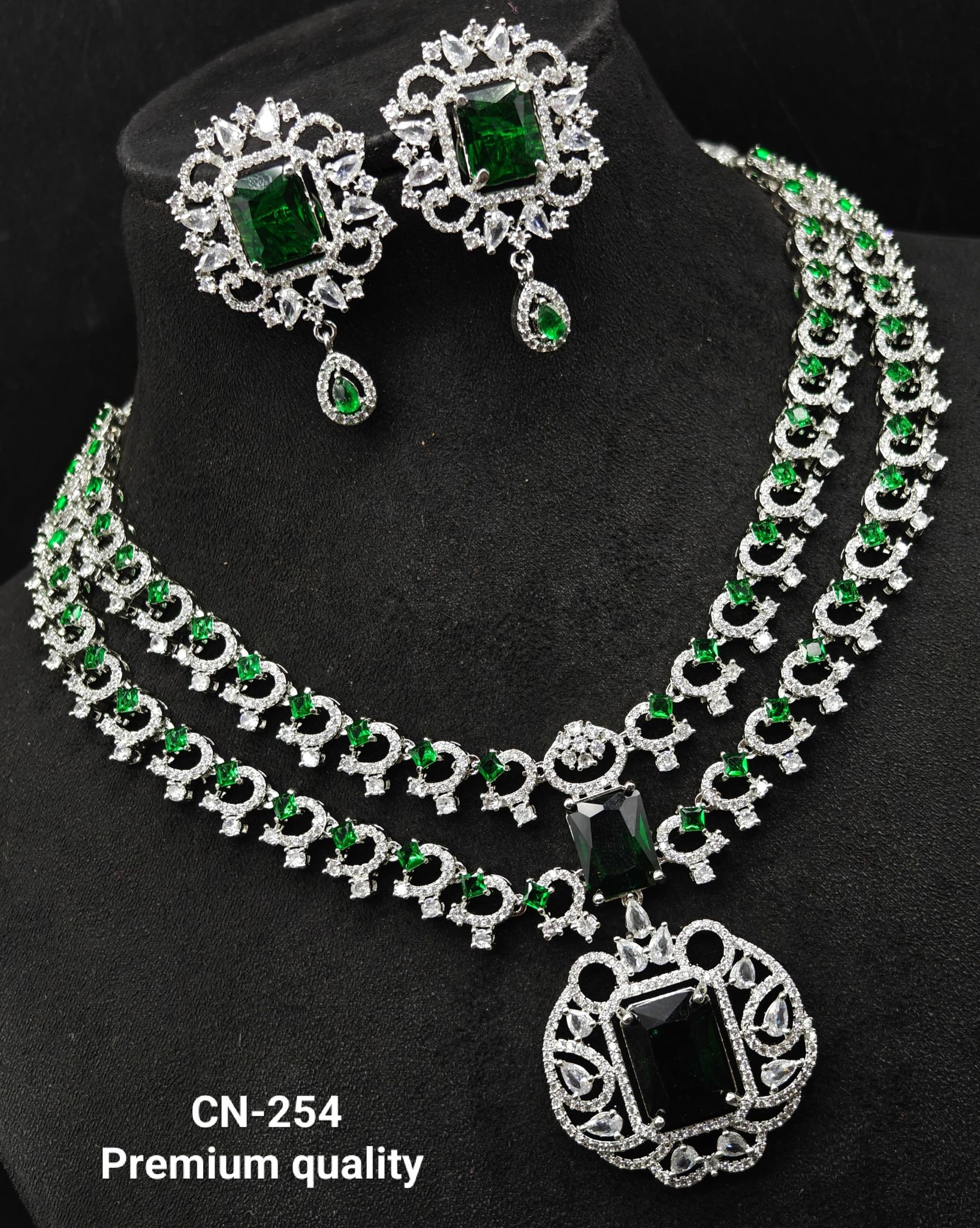Green Colour American Diamond Necklace Set With Ear Rings