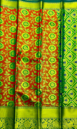  Green and red floral silk saree with zari border