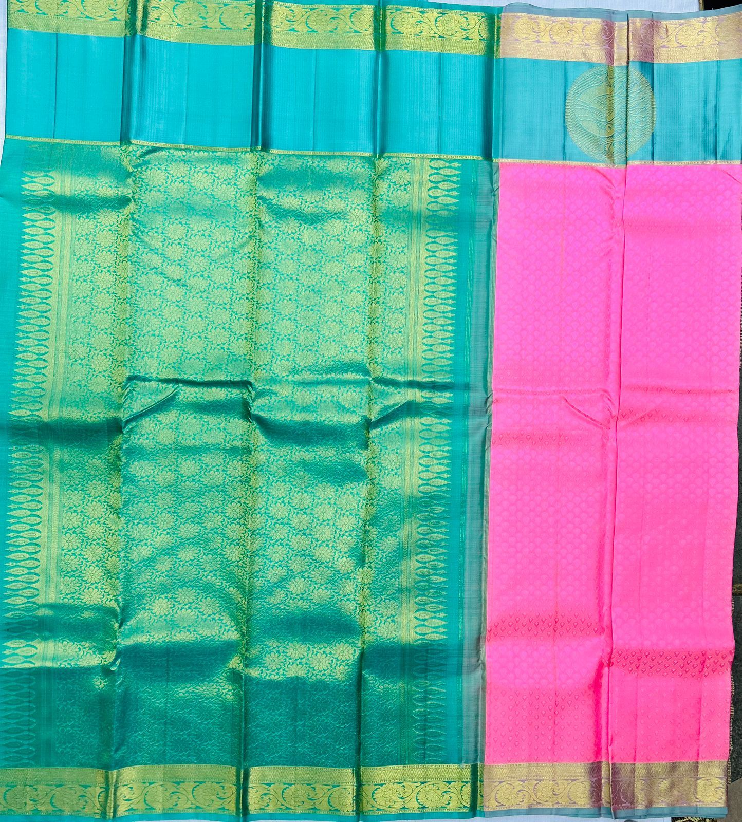  Pink and Green Saree with Golden Zari Border