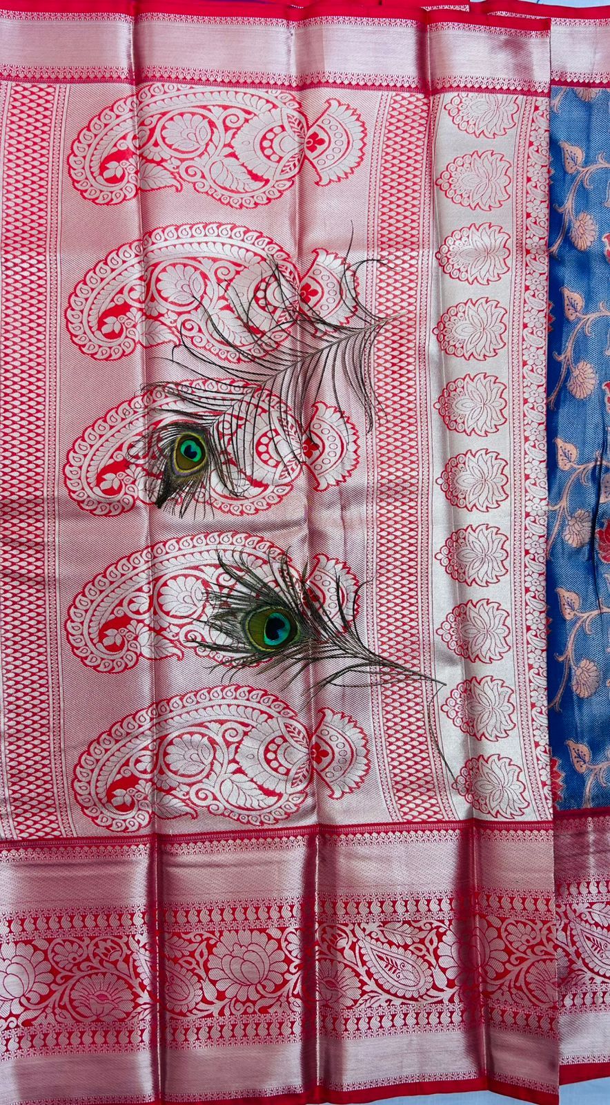 Red and Blue Saree with Peacock Feather and Floral Brocade