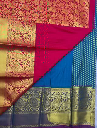 orange  Pink and Blue Saree With Golden Border