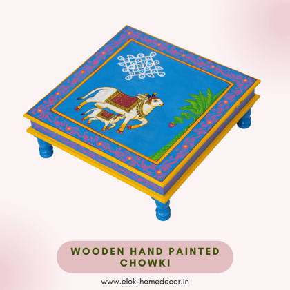 Hand painted cow & calf pichwai art sky blue color wooden chowki / Bajot