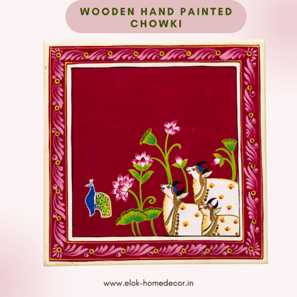 Hand painted pichwai art maroon color wooden chowki / Bajot