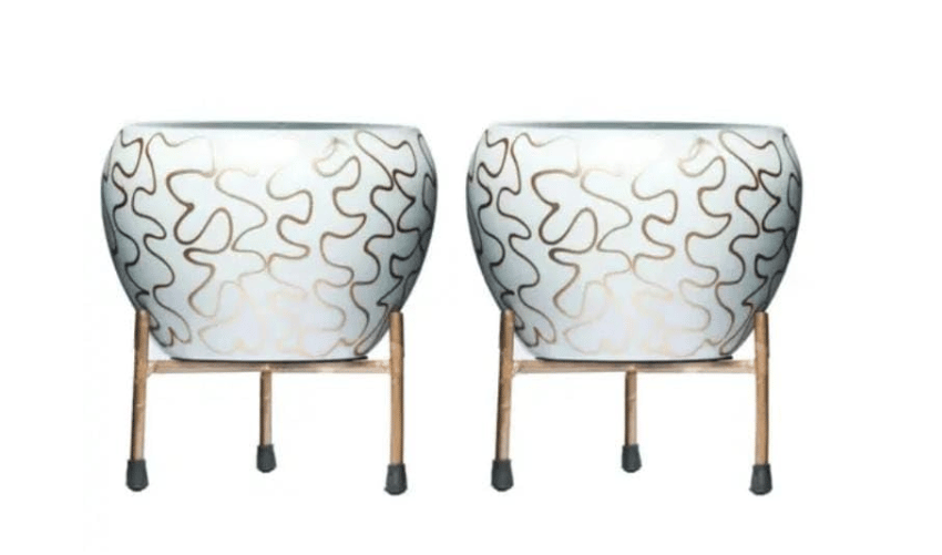 DECOR DIARIES Gold Metal Pots for Indoor Plants with Drainage Hole | Designer Flower Pot & Planters for Home Décor, Living Room, Kitchen, Bedroom, Table Top, Office, Gifting (Pack of 2) Style - 03