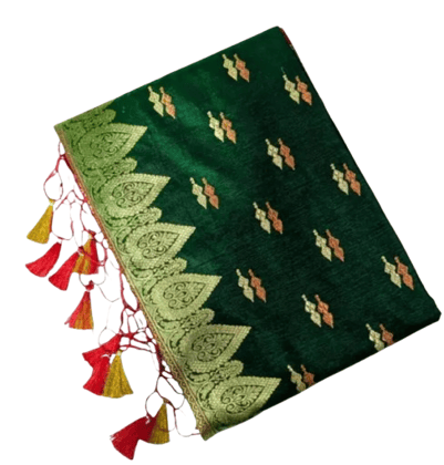 Green Velvet Saree With Golden Border and Tassels Green Velvet Saree With Golden Border and Tassels
