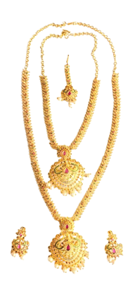  Bridal Gold Plated Traditional Long Haram Necklace Set With Earrings For Women