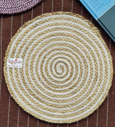 BulkySanta Cotton Place mats 38 cm (15") Round Table Mats, Heat Resistant, Reversible Use, Washable (Cotton and Jute) ((Pack of 4))