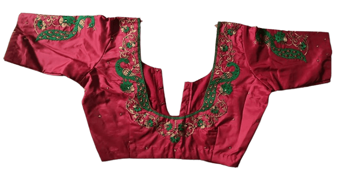 Red and green embroidered boat neck blouse
