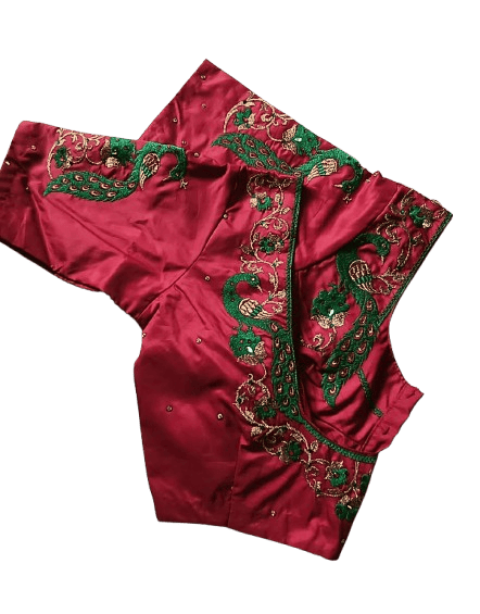 Red and green embroidered boat neck blouse