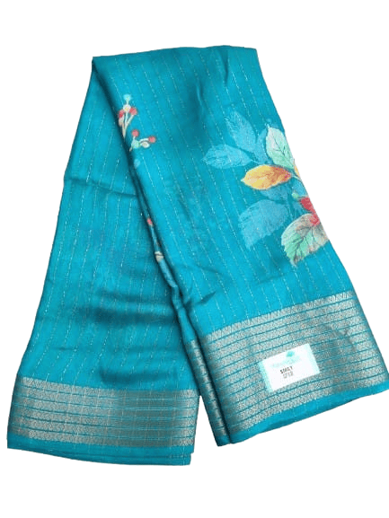  Teal Blue Linen Saree With Floral Print and Golden Zari Border