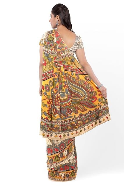 Cottage Handmade Womens Kalamkari Silk Saree with Unstitched