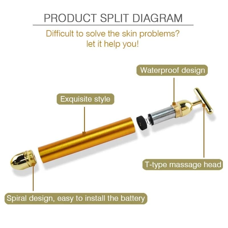 SHANAYA (Pack Of 1 Piece) 24K Gold Energy Beauty Bar Electric Vibration Facial Massage Roller Waterproof Face Skin Care T-Shaped Anti Wrinkle Massager for Forehead Cheek Neck Clavicle Arm