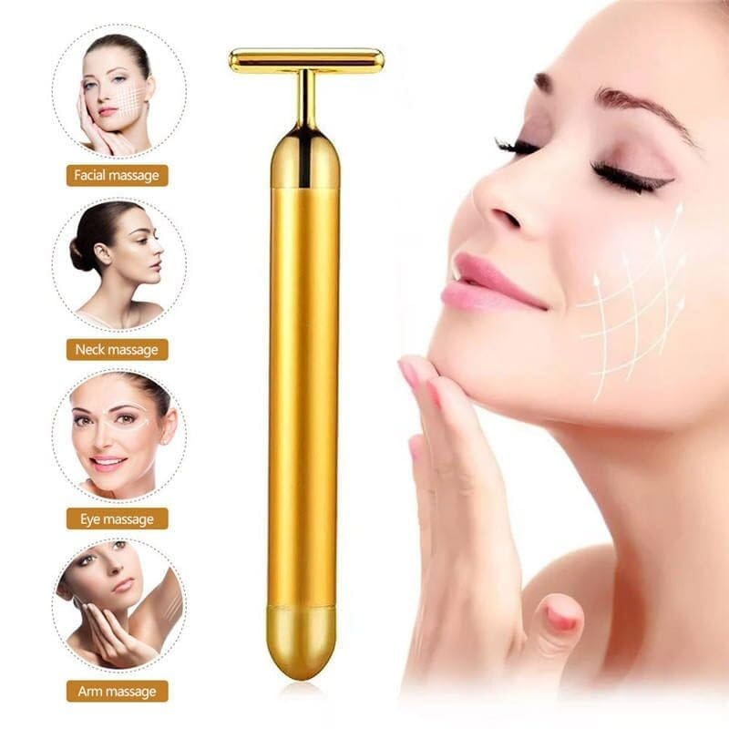 SHANAYA (Pack Of 1 Piece) 24K Gold Energy Beauty Bar Electric Vibration Facial Massage Roller Waterproof Face Skin Care T-Shaped Anti Wrinkle Massager for Forehead Cheek Neck Clavicle Arm