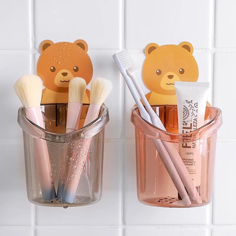 SHANAYA Toothbrush Holder (Set of 3Pcs) Plastic Stand for Toothpaste, Comb, Brush, Cream, Lotion Kids Bathroom Cup Drain Waterproof Self-Adhesive, Teddy Bear