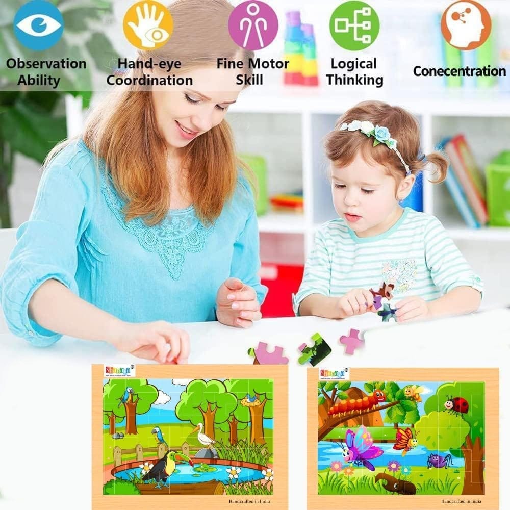 SHANAYA 2 Sided Wooden Tetris Jigsaw Puzzles for Fids (Made in India) BIS Approved 36 Pieces (Insects + Birds)