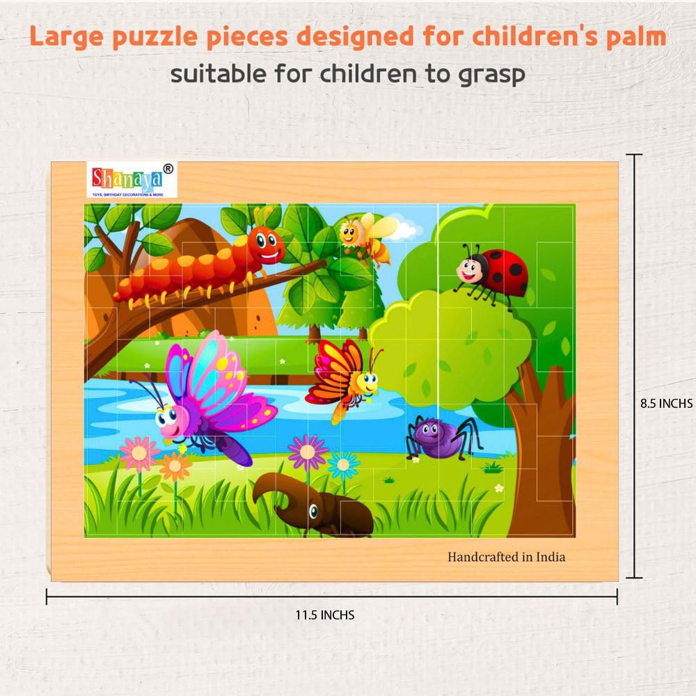 SHANAYA 2 Sided Wooden Tetris Jigsaw Puzzles for Fids (Made in India) BIS Approved 36 Pieces (Insects + Birds)