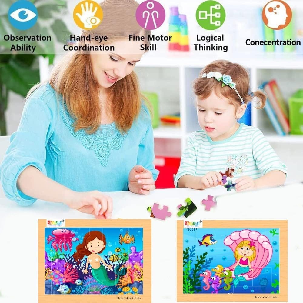 SHANAYA 2 in 1 Early Age Wooden Tetris Jigsaw Puzzles for Kids (Made in India) BIS Approved (Mermaid with Carriage + Mermaid with Fishes)