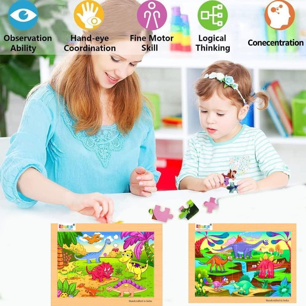 SHANAYA 2 in 1 Early Age Wooden Tetris Jigsaw Puzzles for Kids (Made in India) BIS Approved (Baby Dinosaurs + Adult Dinosaurs)