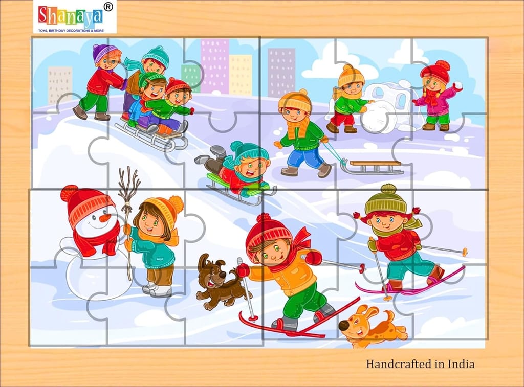 SHANAYA 2-in-1 Wooden Jigsaw Puzzles for Kids - Educational Montessori Toy, Tetris and Geometric Shapes, Interactive Learning Games (Children Playing in Snow + Children Playing in Park)