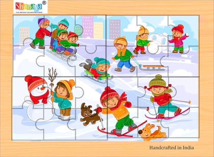 SHANAYA 2-in-1 Wooden Jigsaw Puzzles for Kids - Educational Montessori Toy, Tetris and Geometric Shapes, Interactive Learning Games (Children Playing in Snow + Children Playing in Park)