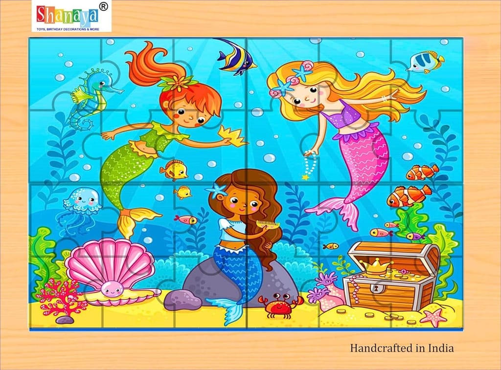 SHANAYA 2-in-1 Wooden Jigsaw Puzzles for Kids - Educational Montessori Toy, Tetris and Geometric Shapes, Interactive Learning Games (Mermaids + Submarine)