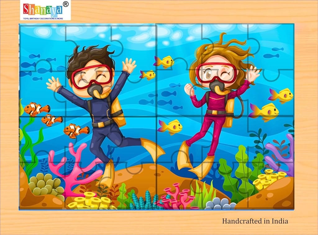 SHANAYA 2-in-1 Wooden Jigsaw Puzzles for Kids - Educational Montessori Toy, Tetris and Geometric Shapes, Interactive Learning Games (Children Scuba Diving + Sea World Ocean Animals)