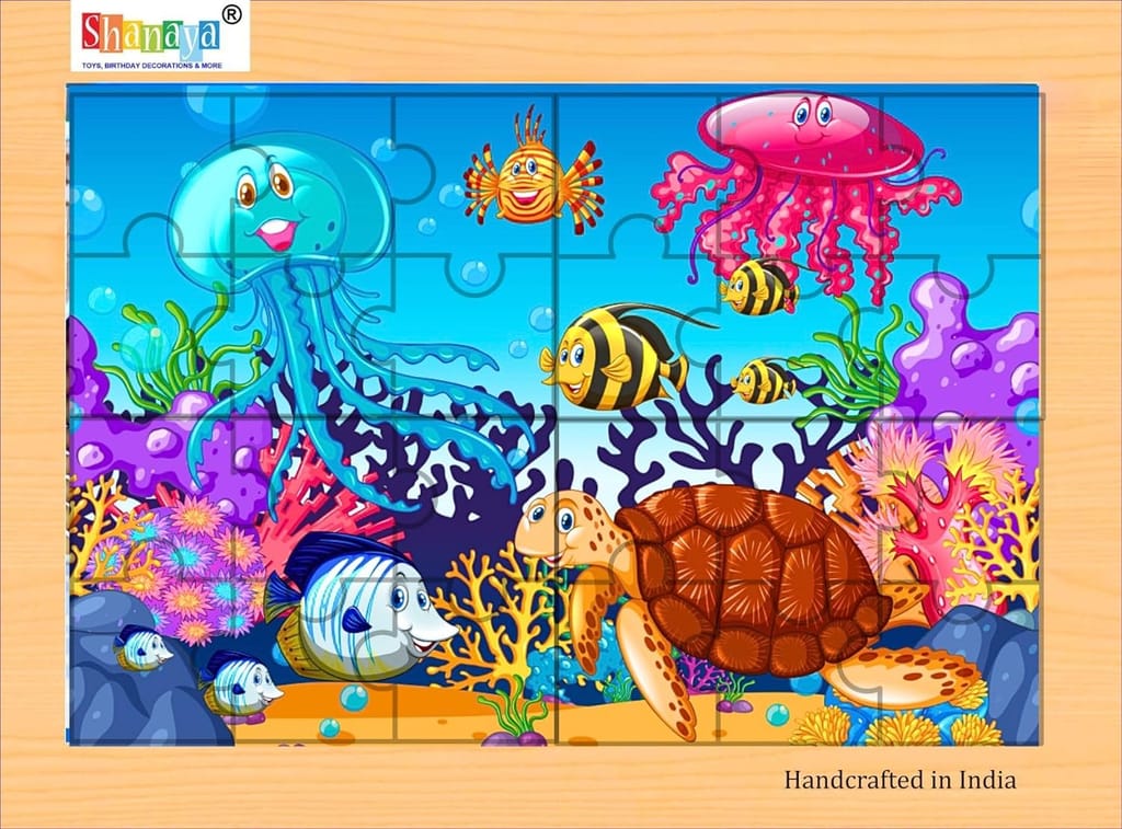 SHANAYA 2-in-1 Wooden Jigsaw Puzzles for Kids - Educational Montessori Toy, Tetris and Geometric Shapes, Interactive Learning Games (Children Scuba Diving + Sea World Ocean Animals)