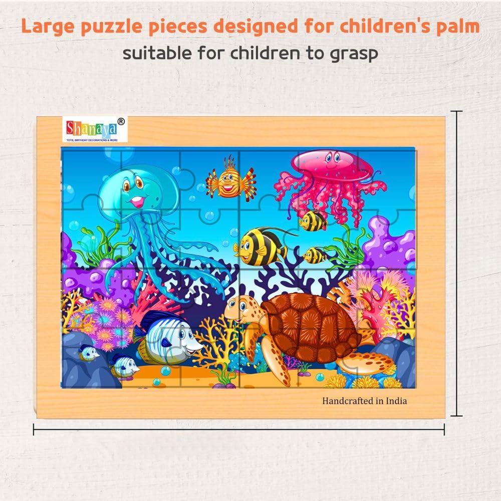 SHANAYA 2-in-1 Wooden Jigsaw Puzzles for Kids - Educational Montessori Toy, Tetris and Geometric Shapes, Interactive Learning Games (Children Scuba Diving + Sea World Ocean Animals)