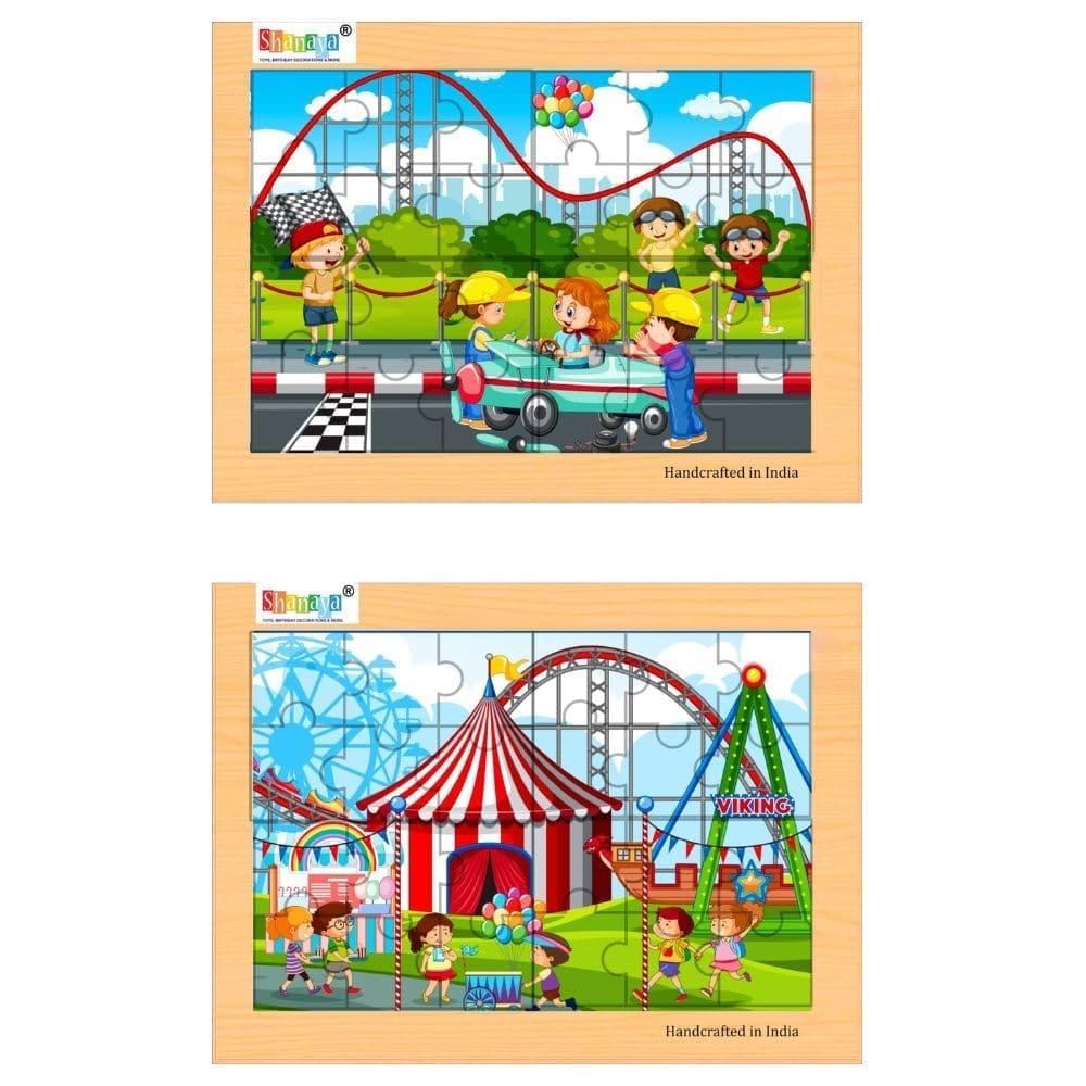 SHANAYA 2-in-1 Wooden Jigsaw Puzzles for Kids - Educational Montessori Toy, Tetris and Geometric Shapes, Interactive Learning Games (Children in Amusement Park + Children in Circus) - Toys and Games | Buy online on ZillyBuy