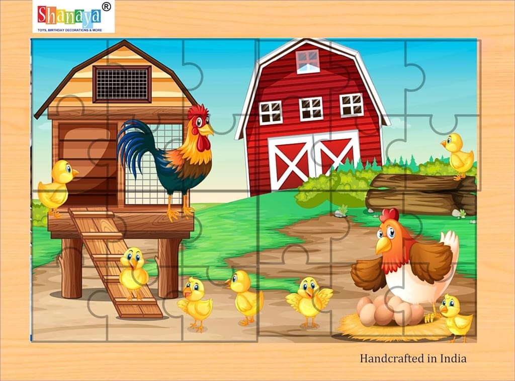 SHANAYA 2-in-1 Wooden Jigsaw Puzzles for Kids - Educational Montessori Toy, Tetris and Geometric Shapes, Interactive Learning Games (Farmer with Poultry Animals + Hen Farm)