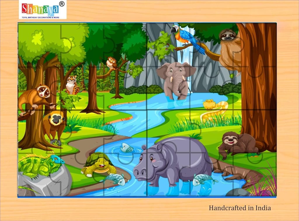 SHANAYA 2-in-1 Wooden Jigsaw Puzzles for Kids - Educational Montessori Toy, Tetris and Geometric Shapes, Interactive Learning Games (Kids in Jungle Adventure + Wild Forest Animals)