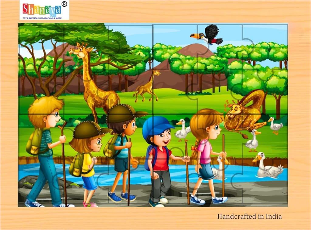 SHANAYA 2-in-1 Wooden Jigsaw Puzzles for Kids - Educational Montessori Toy, Tetris and Geometric Shapes, Interactive Learning Games (Kids in Jungle Adventure + Wild Forest Animals)