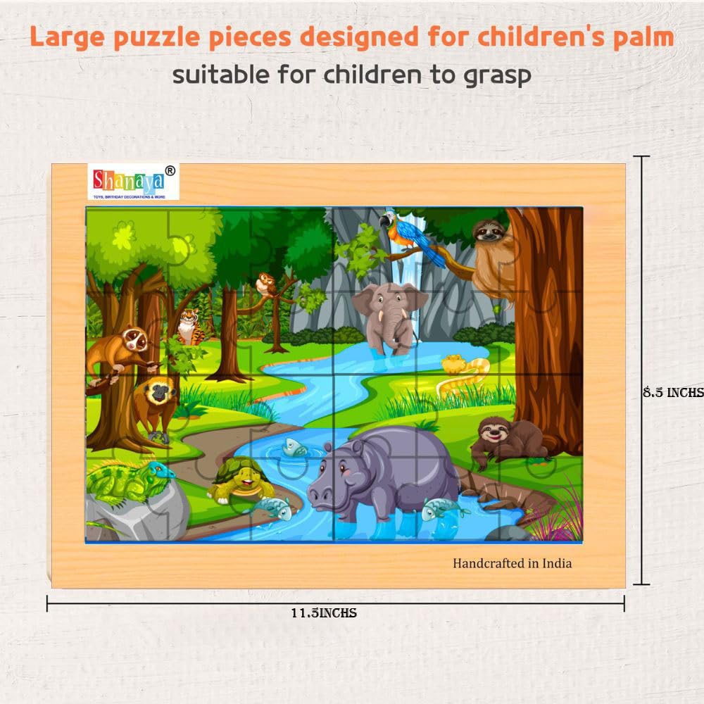 SHANAYA 2-in-1 Wooden Jigsaw Puzzles for Kids - Educational Montessori Toy, Tetris and Geometric Shapes, Interactive Learning Games (Kids in Jungle Adventure + Wild Forest Animals)