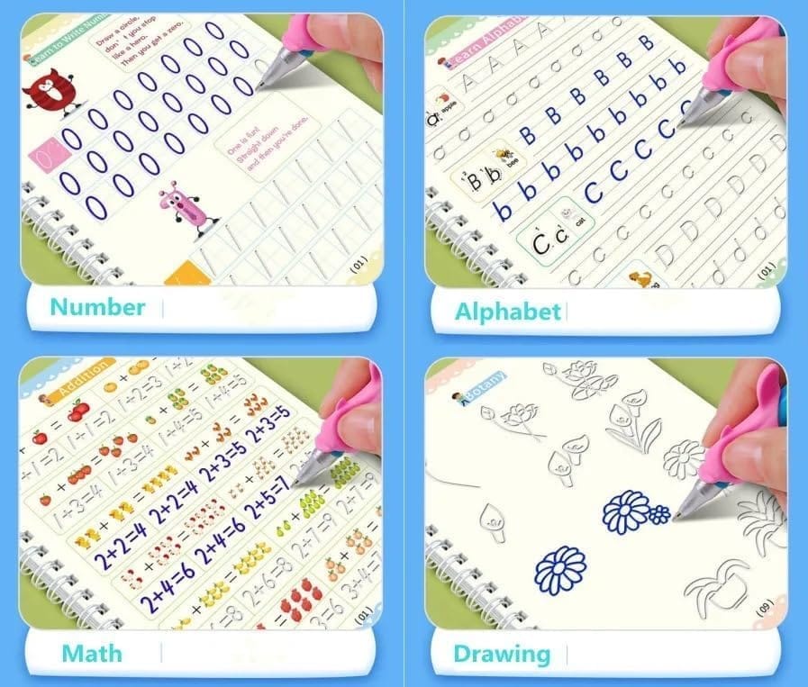 SHANAYA (Pack Of 2) Sank Magic Practice Copybook, (8 BOOKS+ 20 REFILLS+ 2 Pens +2 Grips) Number Tracing Book for Preschoolers Magic Calligraphy Copybook Set Practical Reusable Writing Tool