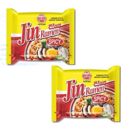 Ottogi Jin Ramen Korean-Style Instant Noodles Spicy Flavor 120g each, Vegetarian, Pack of 2, The Product of Korea (Imported)
