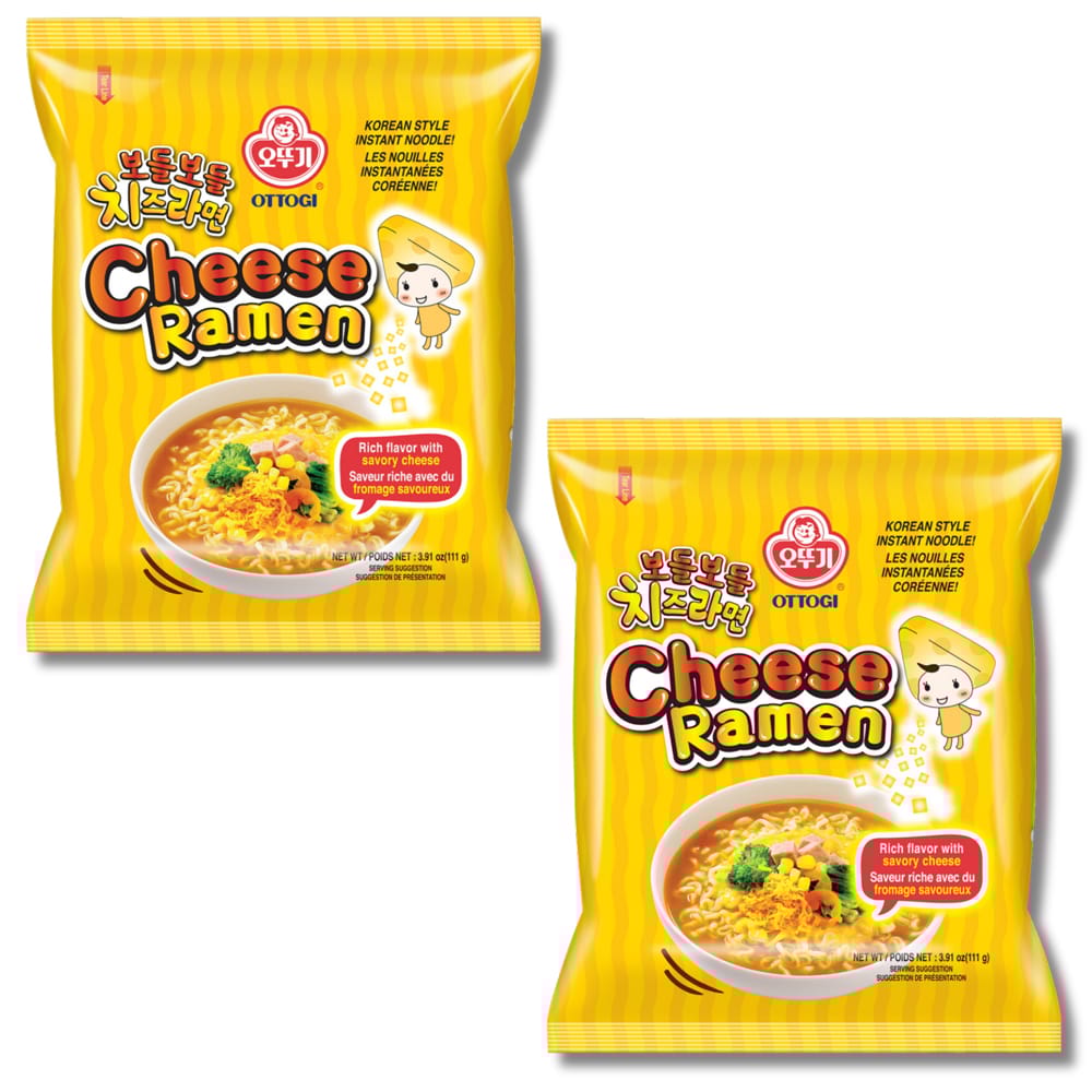 Ottogi Cheese Ramen Rich Flavor with Savory Cheese Korean Style Vegetarian Instant Noodles 111gm, Pack of 2, The Product of Korea (Imported)