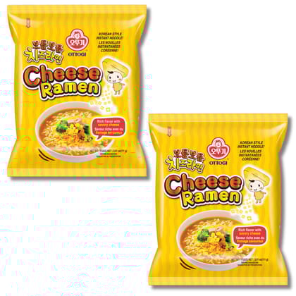 Ottogi Cheese Ramen Rich Flavor with Savory Cheese Korean Style Vegetarian Instant Noodles 111gm, Pack of 2, The Product of Korea (Imported)