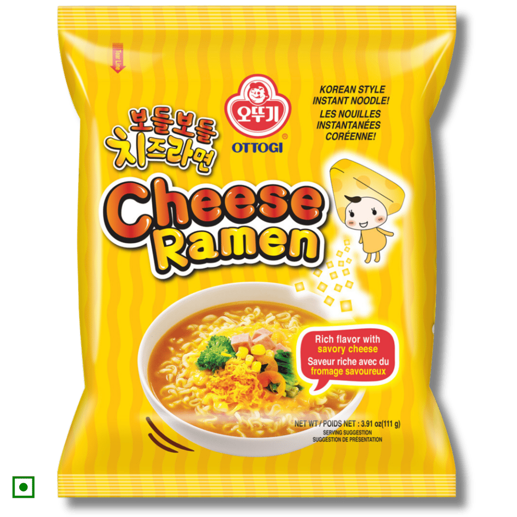 Ottogi Cheese Ramen Rich Flavor with Savory Cheese Korean Style Vegetarian Instant Noodles 111gm, Pack of 2, The Product of Korea (Imported)