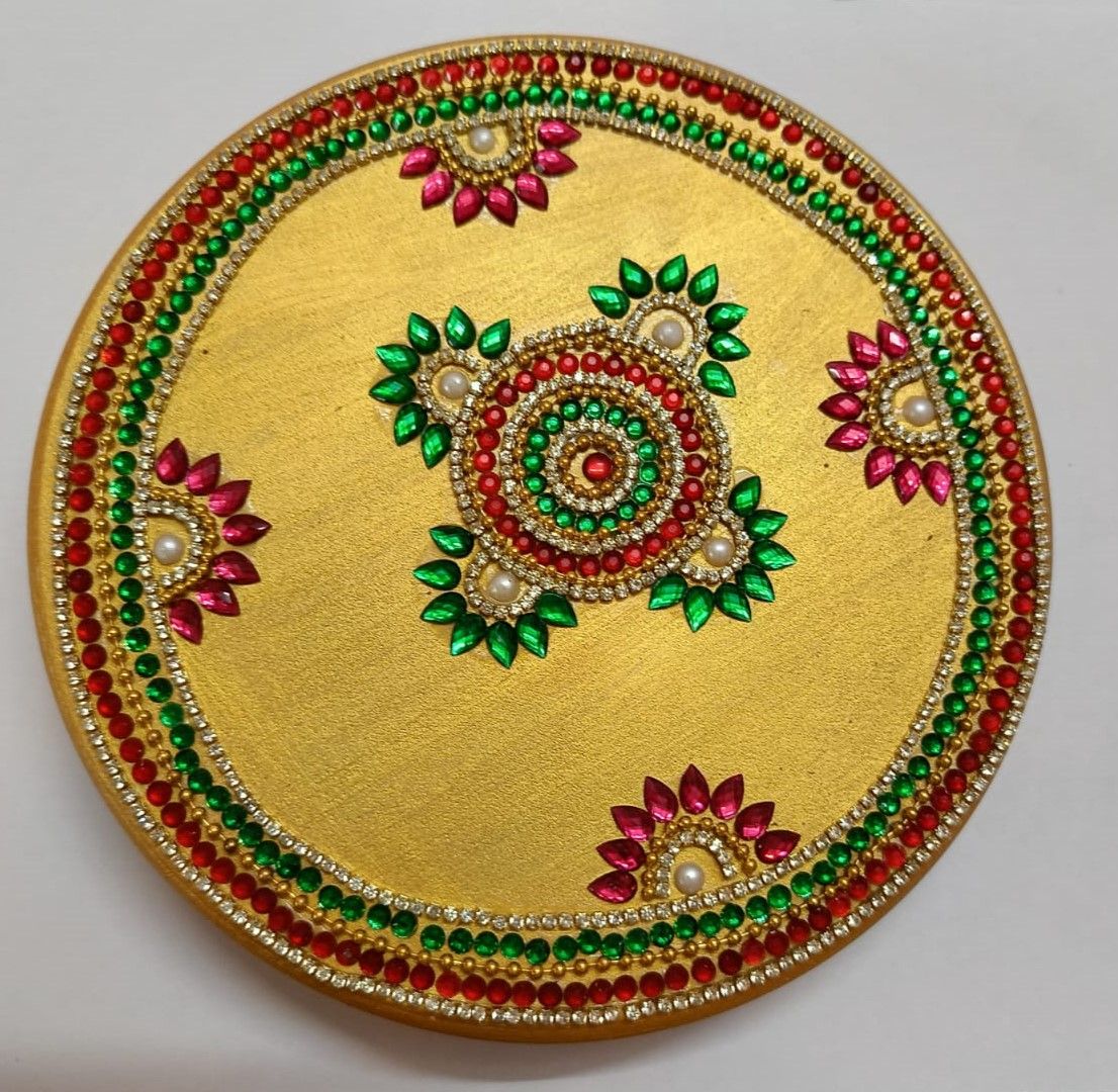 GOLDEN POOJA THALI WITH KUNDAN AND PEARL WORK/ DECORATED SANA / MARRIAGE OCCASION ITEMS/SANA