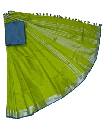 Green Linen Saree With Silver Zari Border Green Linen Saree With Silver Zari Border