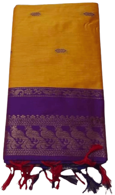 Yellow and Purple Kanjivaram Silk Saree With Peacock zari border