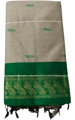 Beige and Green Pure Cotton Saree with Elephant Motif and Zari Border Beige and Green Pure Cotton Saree with Elephant Motif and Zari Border