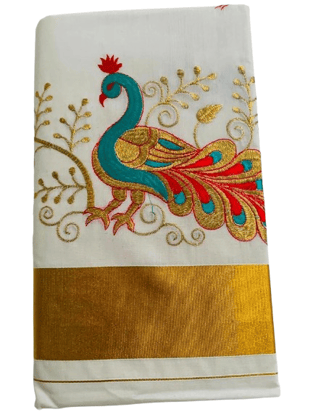 White Peacock Embroidered Kerala Kasavu Saree White Peacock Embroidered Kerala Kasavu Saree