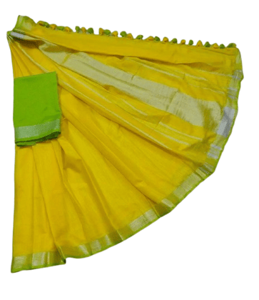 Yellow Linen Saree With Green Blouse Yellow Linen Saree With Green Blouse