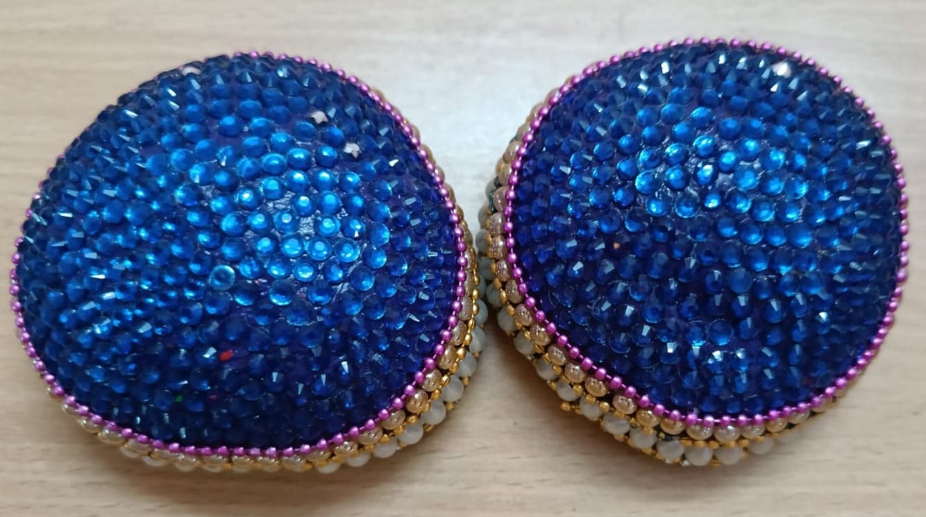 BLUE AND RED RHINESTONE STUDDED COCONUT SHELL BALLS