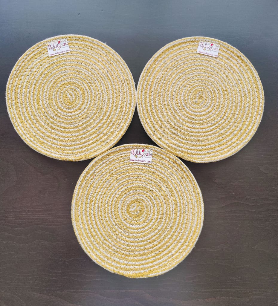 Round table mats cotton placemats (pack of 3) | Hotpads / trivets 9", Heat Resistant, Reversible Use (Yellow) by Bulky Santa