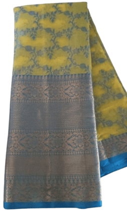 Yellow Tissue Saree With Blue Zari Border Yellow Tissue Saree With Blue Zari Border