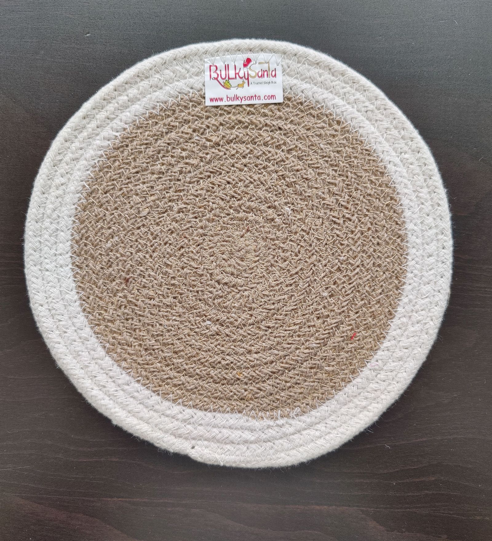BulkySanta Cotton Place mats 22 cm (9") Round Table Mats, Heat Resistant, Reversible Use, Washable (White-Brown) (Pack of 1)