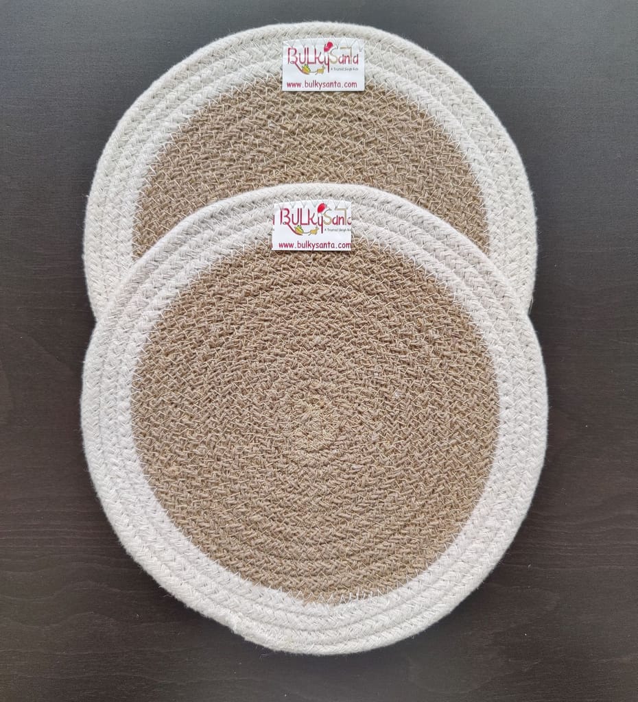 Round table mats cotton placemats (pack of 2) | Hotpads / trivets 9", Heat Resistant, Reversible Use (White - Beige) by Bulky Santa